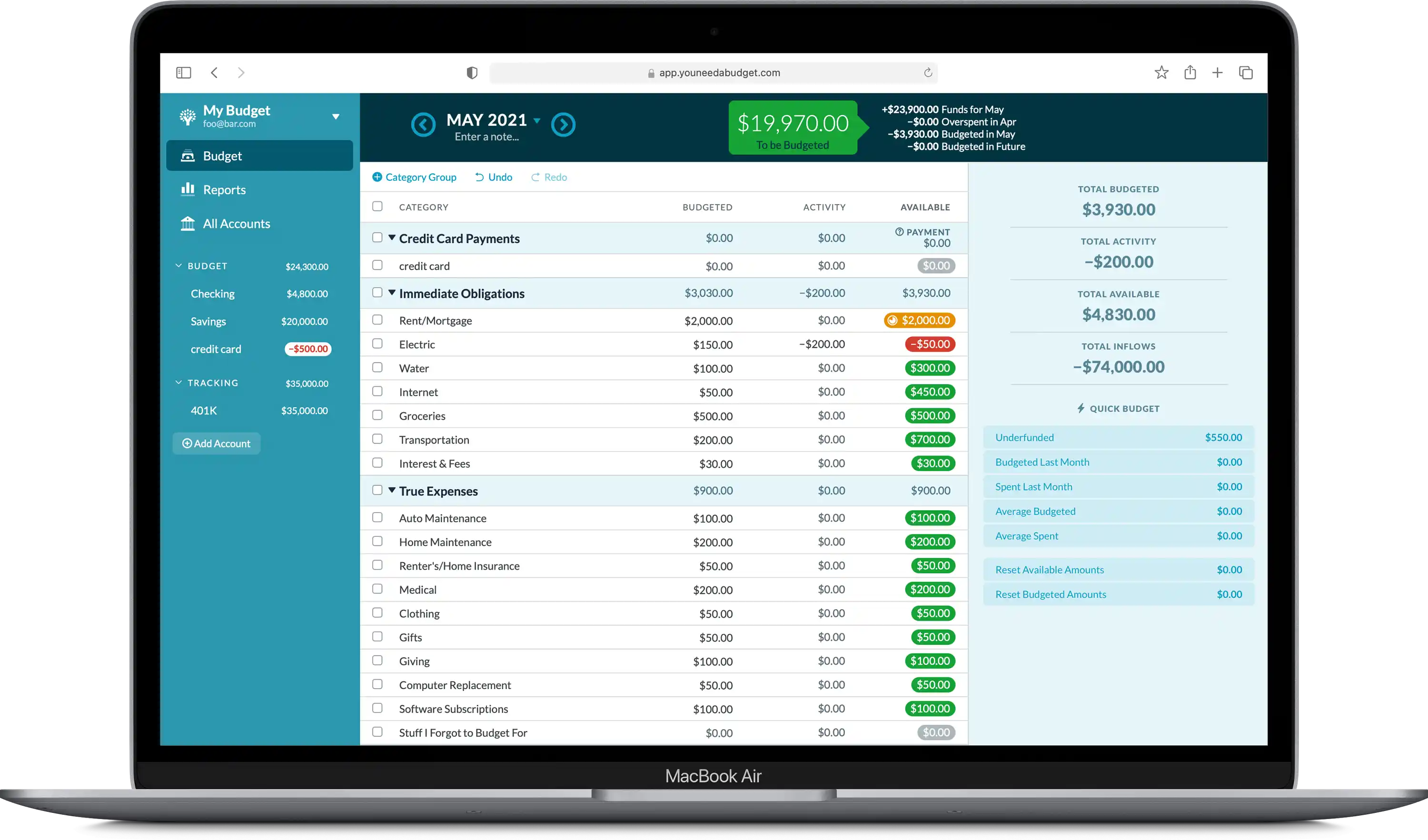 a Mac laptop showing the YNAB budget interface