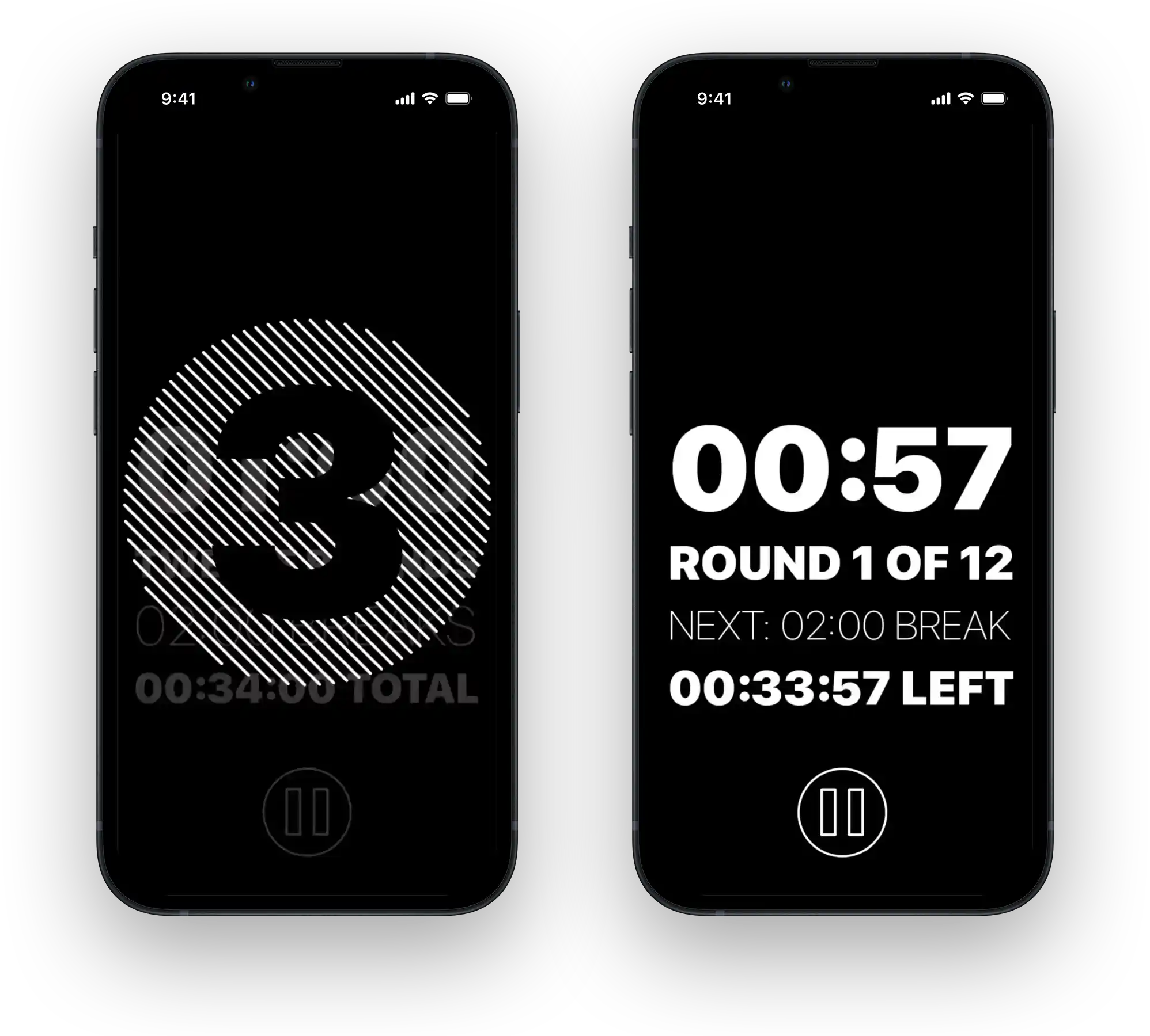 two iPhones showing the rrrounds interface and session countdown