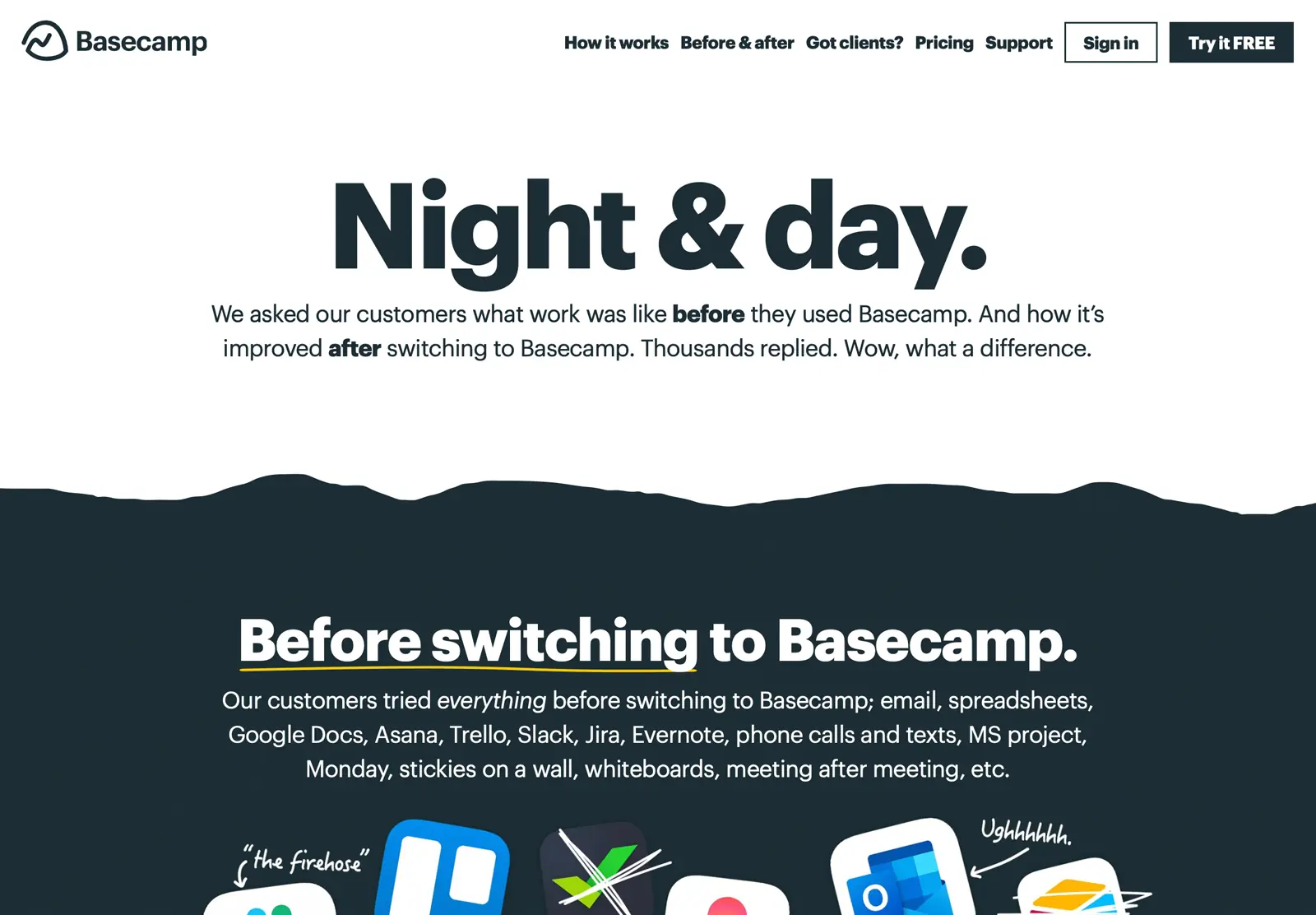 A landing page on basecamp.com. The page is split into light and dark halves, and the headline reads 'Night & Day'.