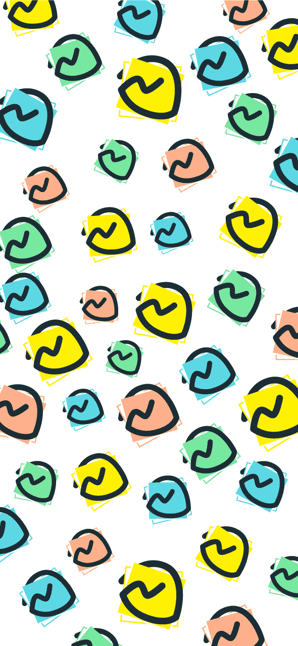 A random pattern of Basecamp logos in a variety of colors.