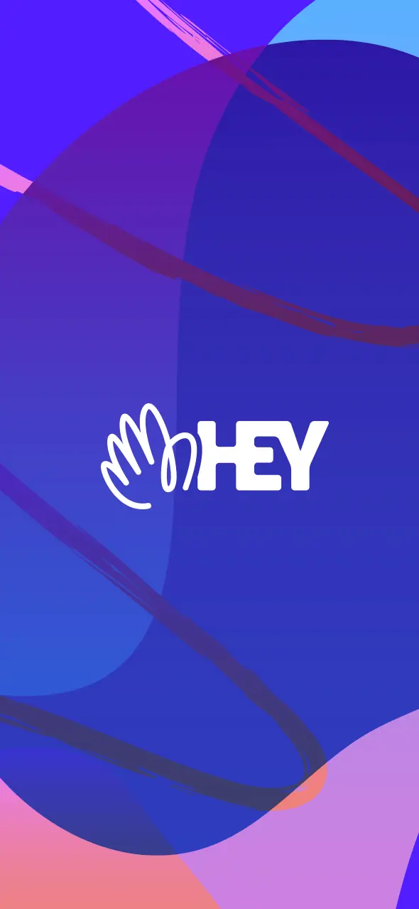 The HEY logo, which is a simple line drawing of a waving hand, joined with the word 'HEY'. The logo is knocked out in white on an energetic, abstract background of pinks, purples, and blues.