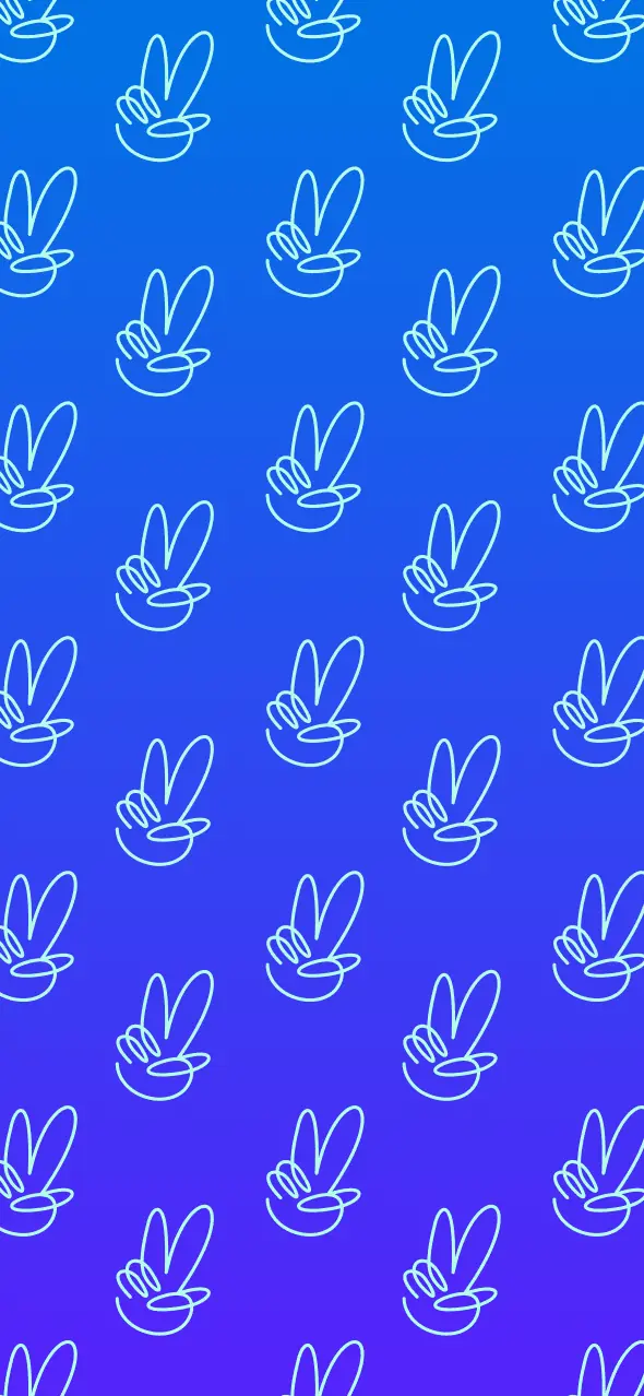 A repeating pattern of teal hands making the 'peace' sign on a blue-to-purple gradient background.