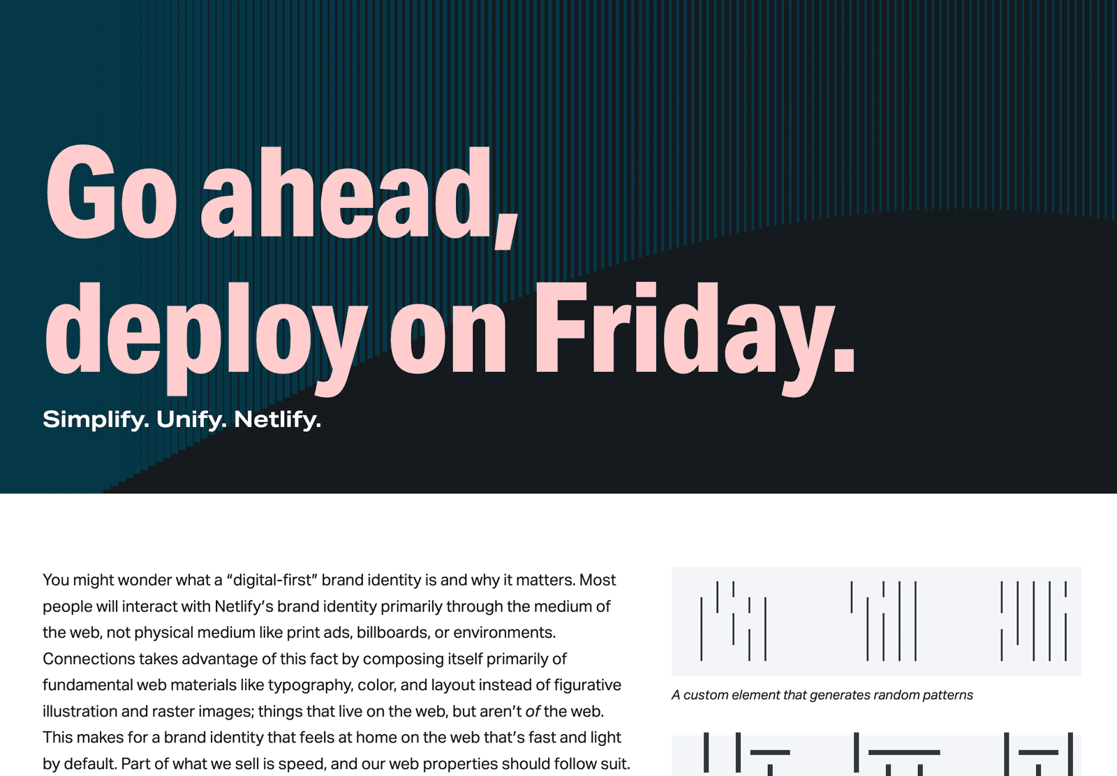 The landing page of a stylescape website, featuring a series of teal interactive lines under a light pink headline that reads 'Go ahead, deploy on Friday.'