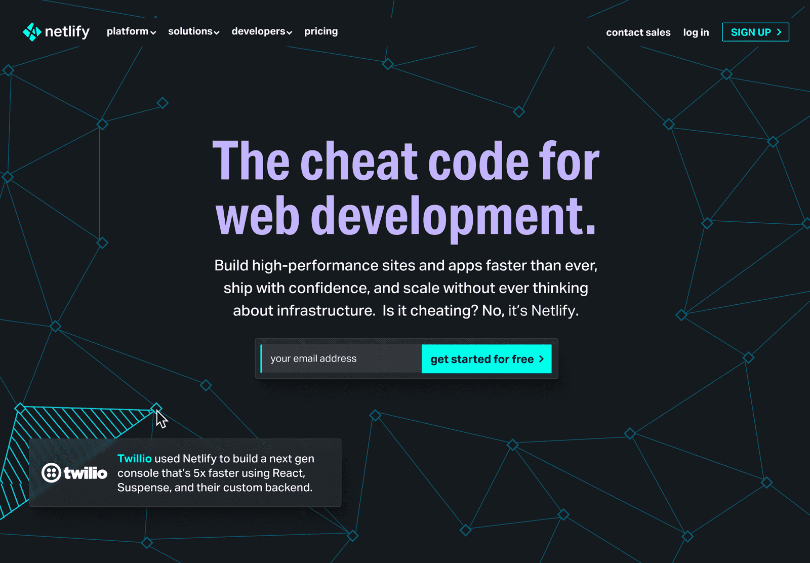 A landing page concept for the Nelify website, which features a series of teal interconnected nodes.