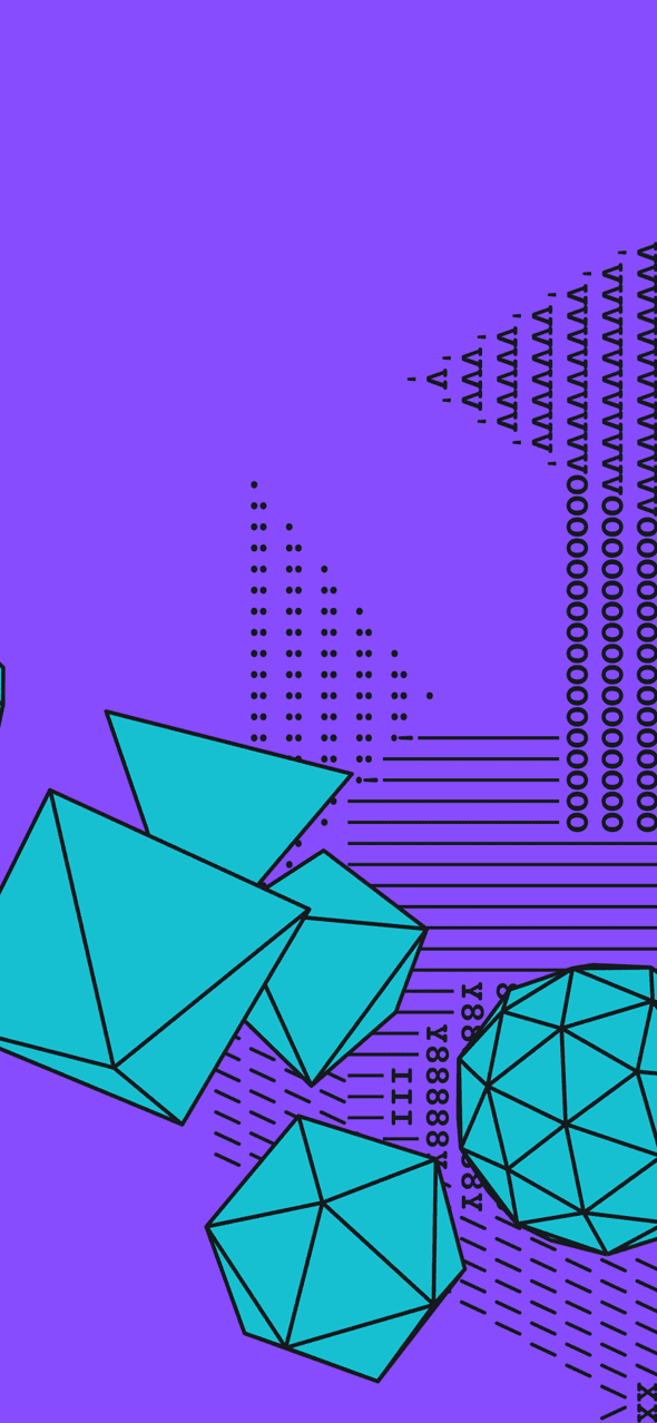 Teal geometric solids sitting over random ASCII art on a solid purple backdrop.