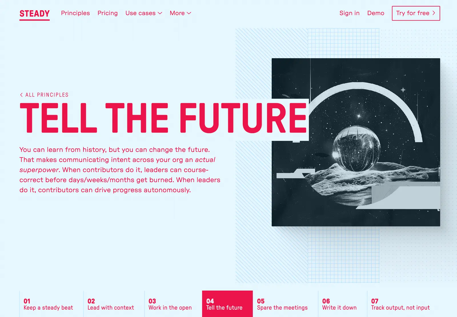 A screenshot of a page from the Steady website. A headline that reads 'Tell the future' sits next to a black and white collage of a crystal ball.