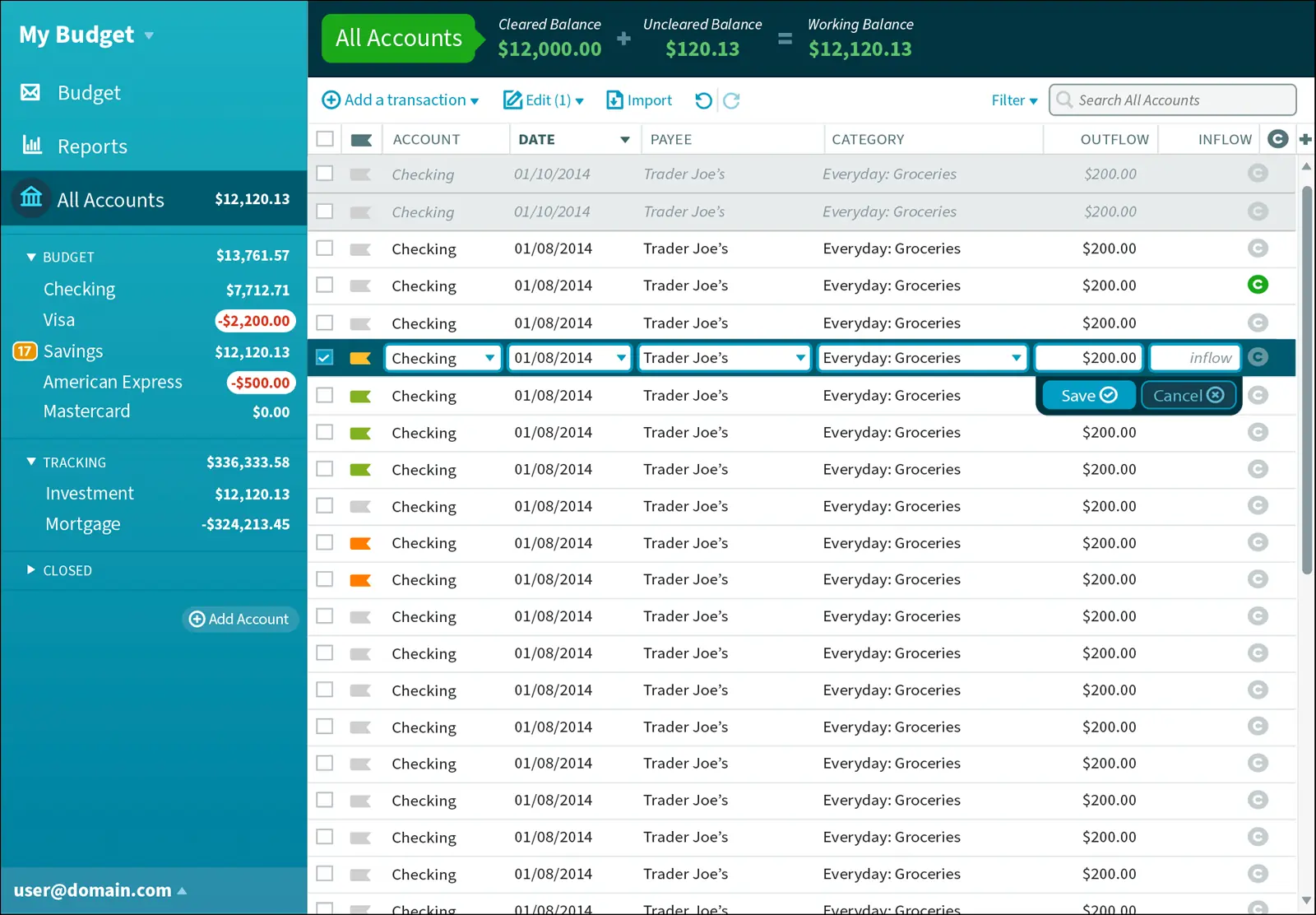 The transaction register in YNAB.