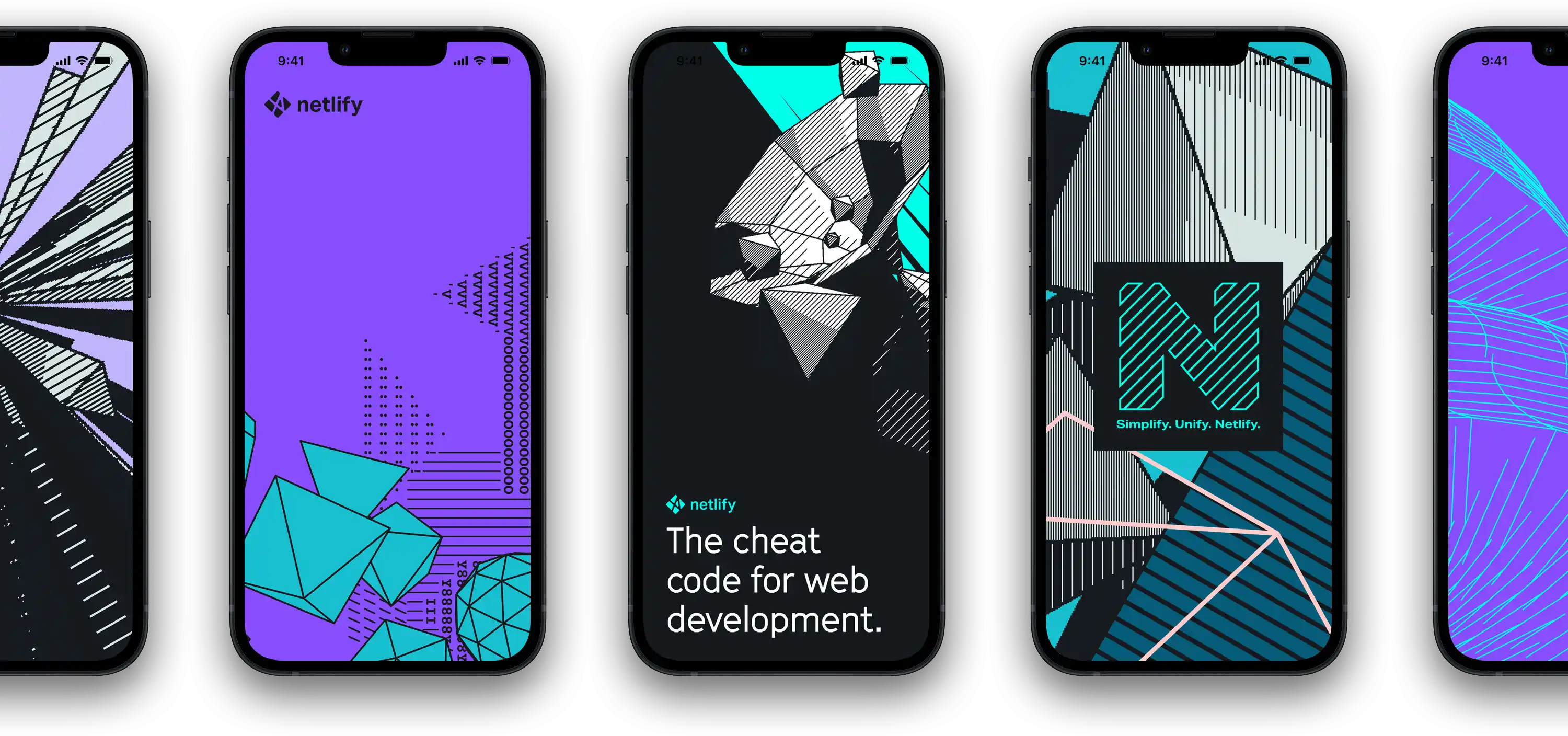 multiple iphones that all show different Netlify graphics